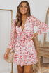 Lantern Sleeve Deep V Neck Knotted Tiered Mini Dress